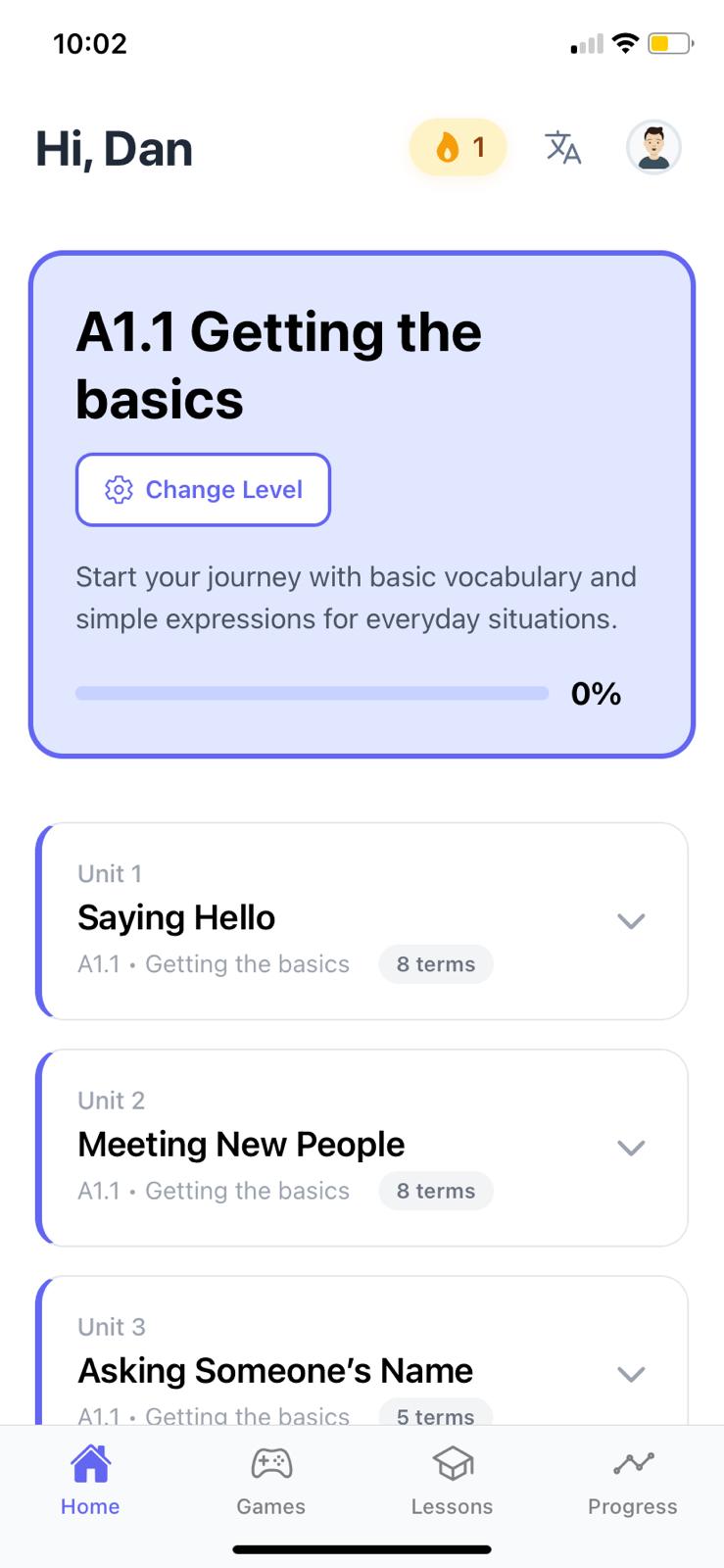 UniLingo Dashboard - Track your CEFR level progress